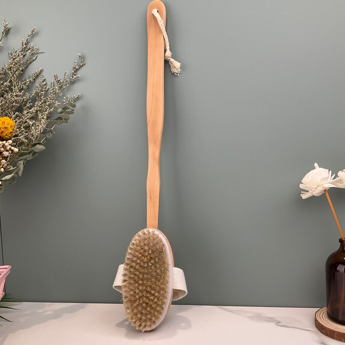 Natural Wood Body Scrub Brush with Long Handle