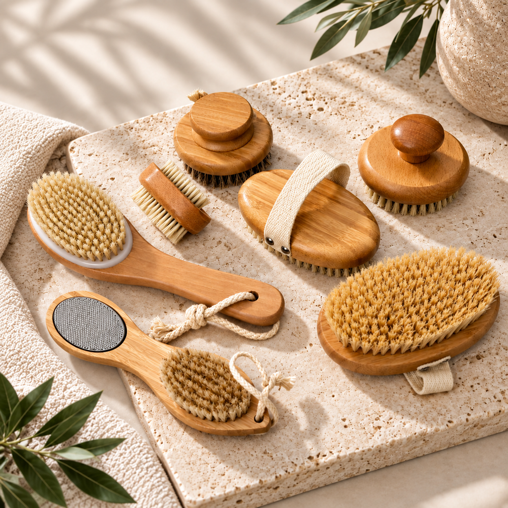 Natural Wood Body Scrub Brush with Long Handle
